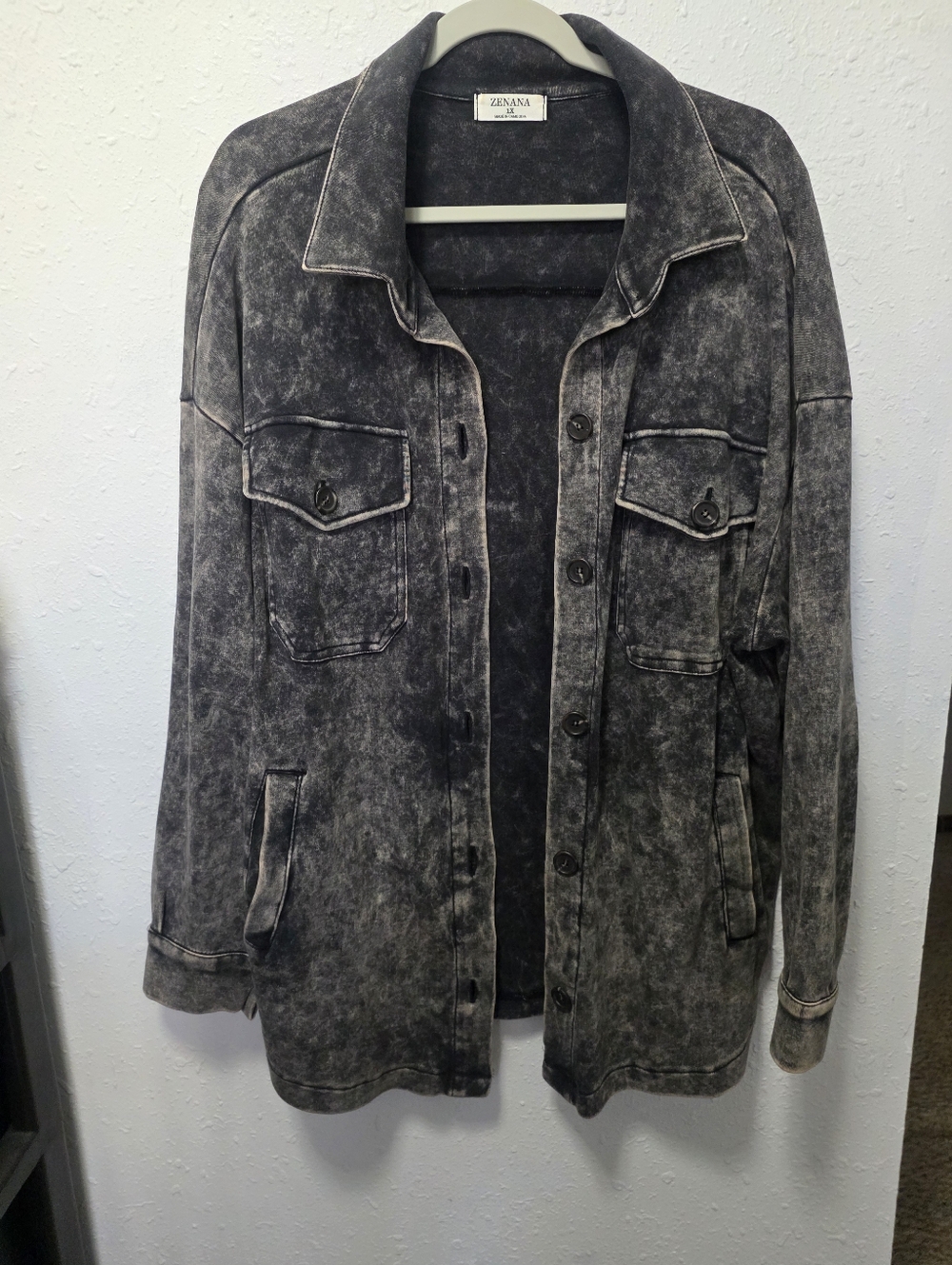 ZENANA Washed Black Oversized Button-Front Jacket